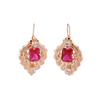 19K Yellow Gold Leaf Earrings Pink Stone