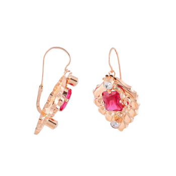 19K Yellow Gold Leaf Earrings Pink Stone