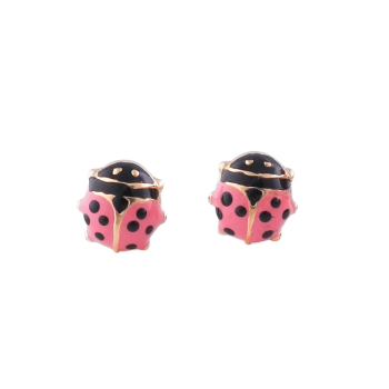 Pink Ladybug Earrings 7mm 19k Yellow Gold