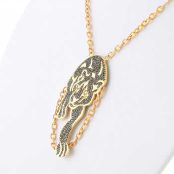 19K Gold Jaguar Pendant Necklace Black Zirconias